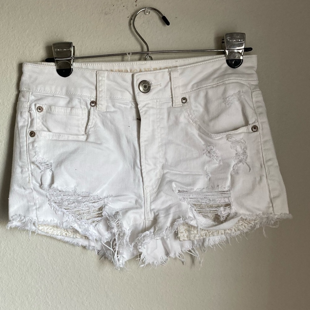 American Eagle Outfitters White Distressed High Waist Denim Shorts
